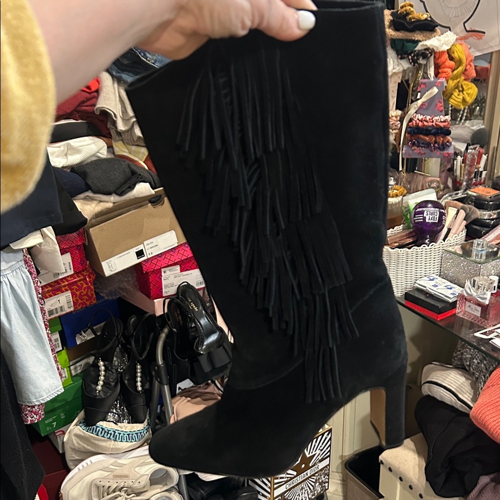 Vince Camuto Black Suede Fringe Heeled Boots